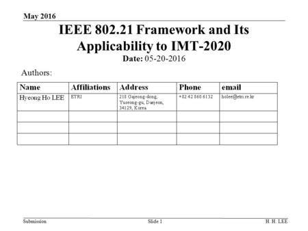 Submission May 2016 H. H. LEESlide 1 IEEE 802.21 Framework and Its Applicability to IMT-2020 Date: 05-20-2016 Authors: