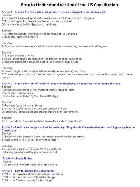 Easy to Understand Version of the US Constitution Article 1 – Creates the two parts of Congress. They are responsible for making laws. Section 2 A.Defines.