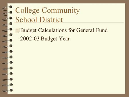 College Community School District 4 Budget Calculations for General Fund 2002-03 Budget Year.