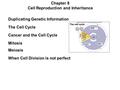 Duplicating Genetic Information The Cell Cycle Cancer and the Cell Cycle Mitosis Meiosis When Cell Division is not perfect Chapter 8 Cell Reproduction.