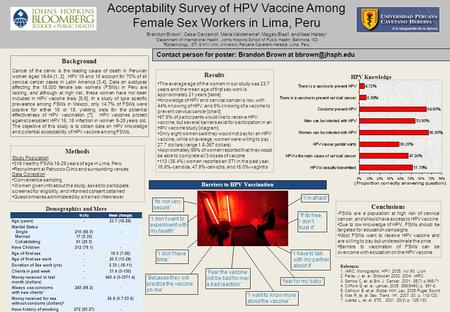 Acceptability Survey of HPV Vaccine Among Female Sex Workers in Lima, Peru Brandon Brown 1, Cesar Carcamo 2, Maria Valderrama 2, Magaly Blas 2, and Neal.