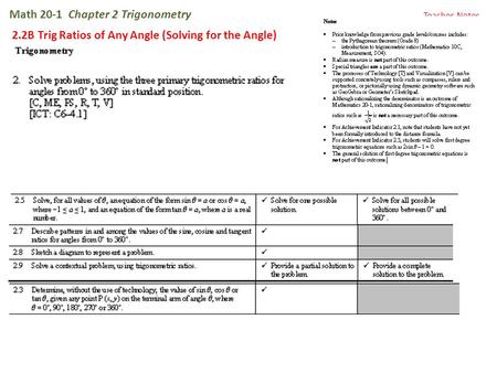 Math 20-1 Chapter 2 Trigonometry 2.2B Trig Ratios of Any Angle (Solving for the Angle) Teacher Notes.