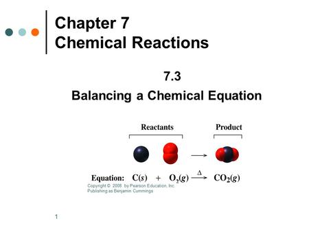 1 Chapter 7 Chemical Reactions 7.3 Balancing a Chemical Equation Copyright © 2008 by Pearson Education, Inc. Publishing as Benjamin Cummings.