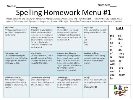 Spelling Homework Menu #1 Please complete one activity for homework Monday, Tuesday, Wednesday, and Thursday night. The activities you choose do not need.