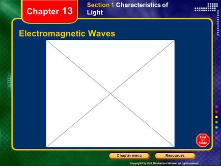 Copyright © by Holt, Rinehart and Winston. All rights reserved. ResourcesChapter menu Chapter 13 Electromagnetic Waves Section 1 Characteristics of Light.