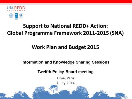 Support to National REDD+ Action: Global Programme Framework 2011-2015 (SNA) Work Plan and Budget 2015 Information and Knowledge Sharing Sessions Twelfth.