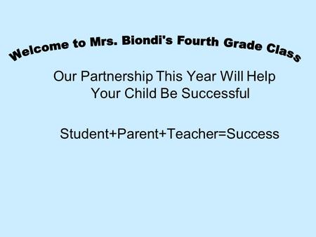 Our Partnership This Year Will Help Your Child Be Successful Student+Parent+Teacher=Success.