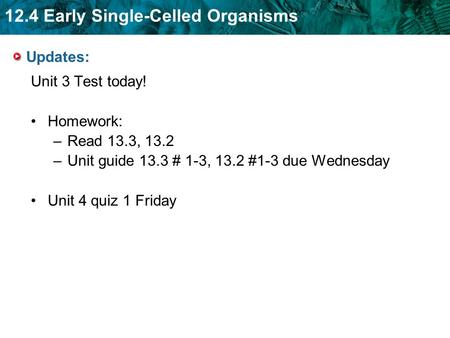 12.4 Early Single-Celled Organisms Updates: Unit 3 Test today! Homework: –Read 13.3, 13.2 –Unit guide 13.3 # 1-3, 13.2 #1-3 due Wednesday Unit 4 quiz 1.