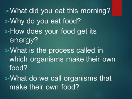 ➢ What did you eat this morning? ➢ Why do you eat food? ➢ How does your food get its energy ? ➢ What is the process called in which organisms make their.