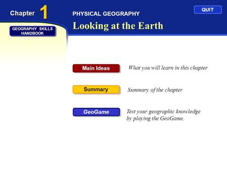 PHYSICAL GEOGRAPHY Looking at the Earth Chapter What you will learn in this chapter Summary of the chapter Test your geographic knowledge by playing the.