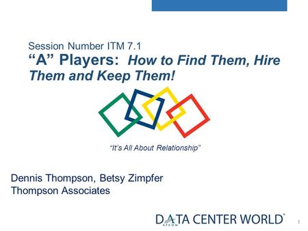 1 Session Number ITM 7.1 “A” Players: How to Find Them, Hire Them and Keep Them! “It’s All About Relationship” Dennis Thompson, Betsy Zimpfer Thompson.