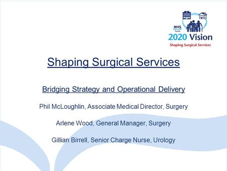 Shaping Surgical Services Bridging Strategy and Operational Delivery Phil McLoughlin, Associate Medical Director, Surgery Arlene Wood, General Manager,