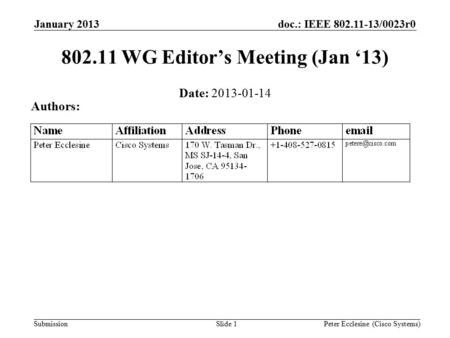 Submission doc.: IEEE 802.11-13/0023r0 Slide 1 802.11 WG Editor’s Meeting (Jan ‘13) Date: 2013-01-14 Authors: Peter Ecclesine (Cisco Systems) January 2013.