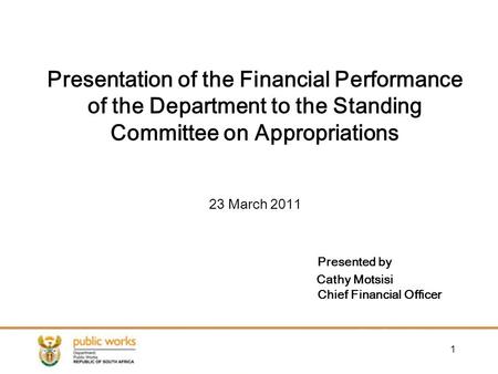 1 Presentation of the Financial Performance of the Department to the Standing Committee on Appropriations 23 March 2011 Presented by Cathy Motsisi Chief.