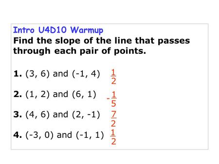 Intro U4D10 Warmup Find the slope of the line that passes through each pair of points. 1. (3, 6) and (-1, 4) 2. (1, 2) and (6, 1) 3. (4, 6) and (2, -1)