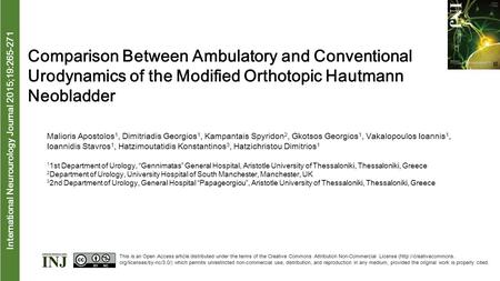 International Neurourology Journal 2015;19:265-271 Comparison Between Ambulatory and Conventional Urodynamics of the Modified Orthotopic Hautmann Neobladder.