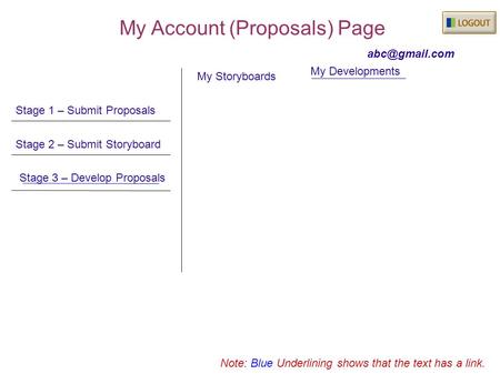 Stage 1 – Submit Proposals Stage 2 – Submit Storyboard Stage 3 – Develop Proposals My Storyboards Note: Blue Underlining shows that the text.
