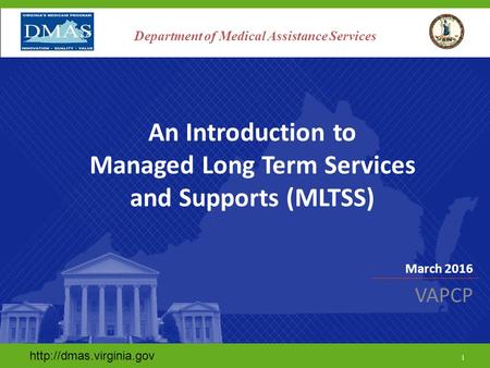 March 2016 VAPCP  1 Department of Medical Assistance Services An Introduction to Managed Long Term Services and Supports (MLTSS)