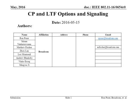 Doc.: IEEE 802.11-16/0654r0 Submission CP and LTF Options and Signaling May, 2016 Slide 1 Date: 2016-05-15 Authors: Ron Porat, Broadcom, et. al. NameAffiliation.