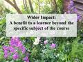 Wider Impact: Wider Impact: A benefit to a learner beyond the specific subject of the course.