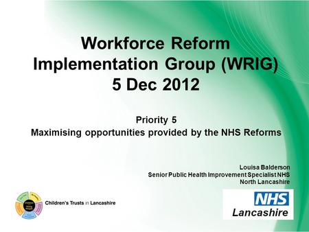 Workforce Reform Implementation Group (WRIG) 5 Dec 2012 Priority 5 Maximising opportunities provided by the NHS Reforms Louisa Balderson Senior Public.