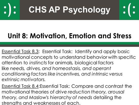 CHS AP Psychology Unit 8: Motivation, Emotion and Stress Essential Task 8.3: Essential Task: Identify and apply basic motivational concepts to understand.
