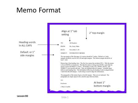 Slide 1 Memo Format Lesson 90 Default or 1 side margins Heading words in ALL CAPS Align at 1 tab setting 2 top margin At least 1 bottom margin.