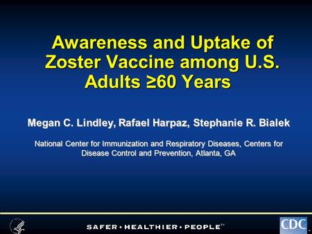 TM Awareness and Uptake of Zoster Vaccine among U.S. Adults ≥60 Years Megan C. Lindley, Rafael Harpaz, Stephanie R. Bialek National Center for Immunization.