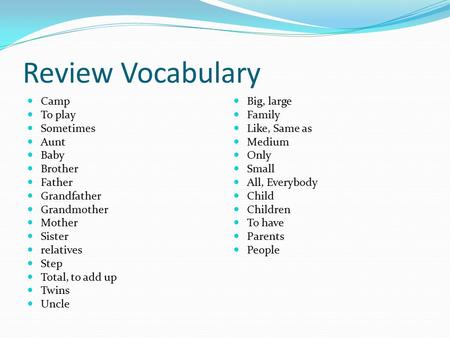 Review Vocabulary Camp To play Sometimes Aunt Baby Brother Father Grandfather Grandmother Mother Sister relatives Step Total, to add up Twins Uncle Big,