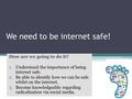 We need to be internet safe! How are we going to do it? 1.Understand the importance of being internet safe. 2.Be able to identify how we can be safe whilst.