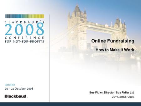 Online Fundraising How to Make it Work 20 th October 2008 Sue Fidler, Director, Sue Fidler Ltd.
