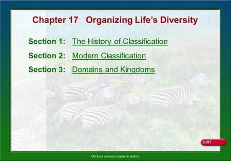 Click on a lesson name to select. Chapter 17 Organizing Life’s Diversity Section 1: The History of Classification Section 2: Modern Classification Section.