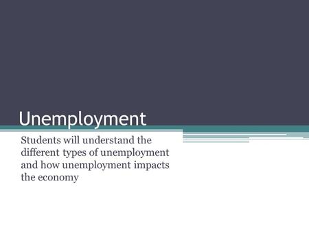 Unemployment Students will understand the different types of unemployment and how unemployment impacts the economy.