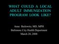 WHAT COULD A LOCAL ADULT IMMUNIZATION PROGRAM LOOK LIKE? Anne Bailowitz, MD, MPH Baltimore City Health Department March 20, 2008.