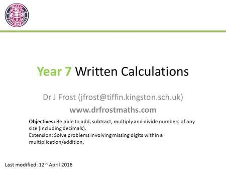 Year 7 Written Calculations