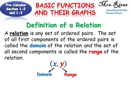 Definition of a Relation relation domain range A relation is any set of ordered pairs. The set of all first components of the ordered pairs is called the.