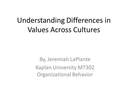 Understanding Differences in Values Across Cultures By, Jeremiah LaPlante Kaplan University MT302 Organizational Behavior.