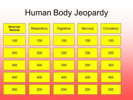 Human Body Jeopardy Muscular Skeletal RespiratoryDigestiveNervousCirculatory 100 200 300 400 500.