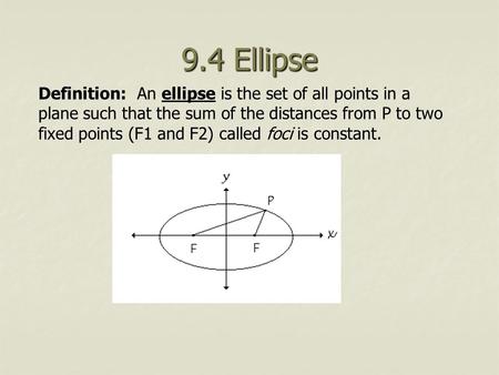 Definition: An ellipse is the set of all points in a plane such that the sum of the distances from P to two fixed points (F1 and F2) called foci is constant.