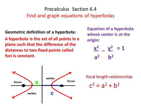 Precalculus Section 6.4 Find and graph equations of hyperbolas Geometric definition of a hyperbola: A hyperbola is the set of all points in a plane such.