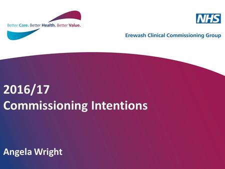 2016/17 Commissioning Intentions Angela Wright. What is the purpose of Commissioning Intentions? They are a vehicle for communication of the CCG’s strategic.