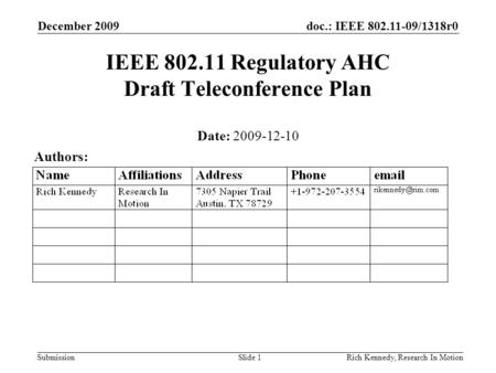 Doc.: IEEE 802.11-09/1318r0 Submission December 2009 Rich Kennedy, Research In MotionSlide 1 IEEE 802.11 Regulatory AHC Draft Teleconference Plan Date: