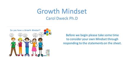 Growth Mindset Carol Dweck Ph.D Before we begin please take some time to consider your own Mindset through responding to the statements on the sheet.