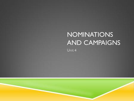 NOMINATIONS AND CAMPAIGNS Unit 4. THE NOMINATION GAME  Nomination:  The official endorsement of a candidate for office by a political party. Generally,