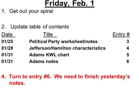 Friday, Feb. 1 1.Get out your spiral 2. Update table of contents DateTitleEntry # 01/25Political Party worksheet/notes3 01/28Jefferson/Hamilton characteristics4.
