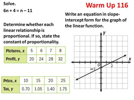 Warm Up 116 Solve. 6n + 4 = n – 11 Determine whether each linear relationship is proportional. If so, state the constant of proportionality. Write an equation.