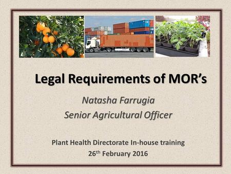Legal Requirements of MOR’s Natasha Farrugia Senior Agricultural Officer Plant Health Directorate In-house training 26 th February 2016.