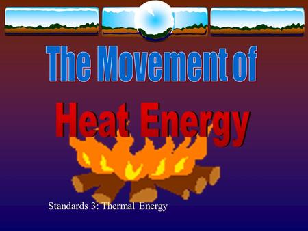 Standards 3: Thermal Energy How Heat Moves  How heat energy transfers through solid.  By direct contact from HOT objects to COLD objects.
