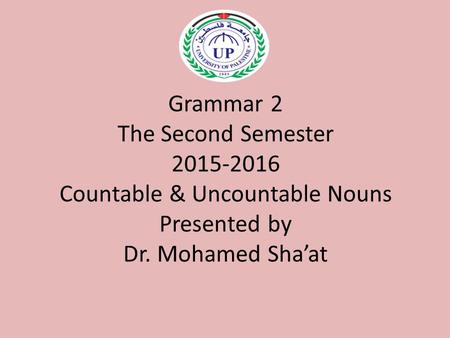 Grammar 2 The Second Semester 2015-2016 Countable & Uncountable Nouns Presented by Dr. Mohamed Sha’at.