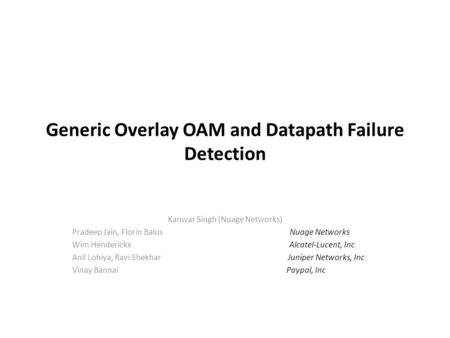 Generic Overlay OAM and Datapath Failure Detection Kanwar Singh (Nuage Networks) Pradeep Jain, Florin Balus Nuage Networks Wim Henderickx Alcatel-Lucent,